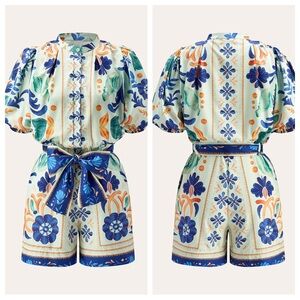 Commense Floral Print Tie Waist Jumpsuit Multicolor L